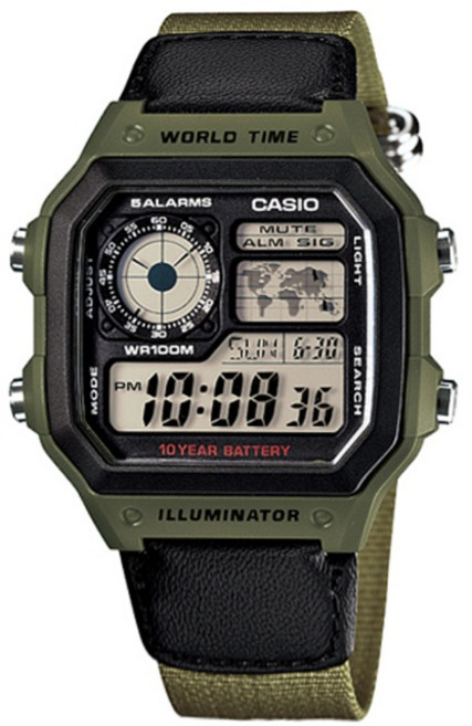 CASIO 地圖錶 AE-1200WHB-3B 軍事風格世界時間腕錶 綠色帆布錶帶 百米防水 LED照明