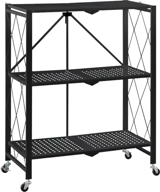 折疊置物架 白色 網格層板 滾輪設計, 免組合碳鋼架-三層(黑), 3層