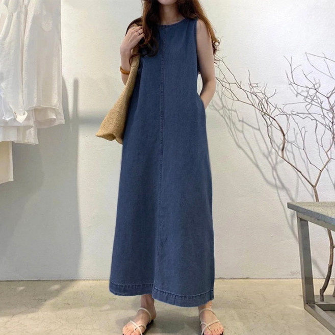 UPPERCUT 여성 라운드넥 민소매 데님 맥시원피스 빅사이즈