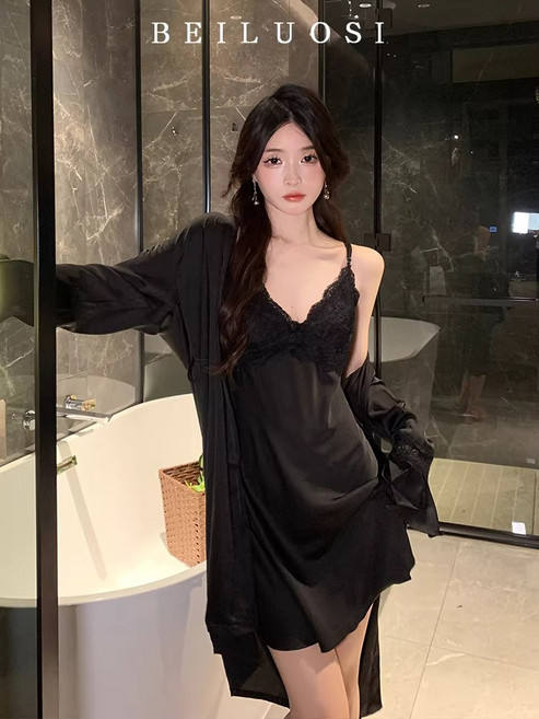 장원영 슬립 원피스 홈웨어 세트 레이스 섹시 스트랩
