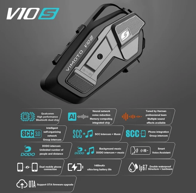 Vimoto 중국어 버전 XR/V10S/V10X 오토바이 헬멧 블루투스 헤드셋 IPX7 소음 다중 사람 통화 이어폰, 02 vimoto-V10S