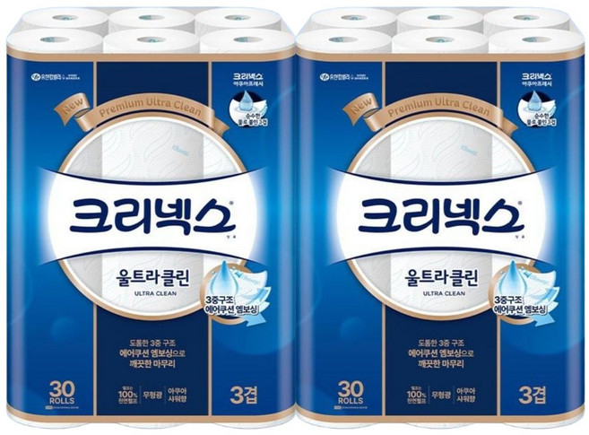 크리넥스 3겹 울트라 클린 롤화장지 천연펄프, 30m, 30롤, 2개