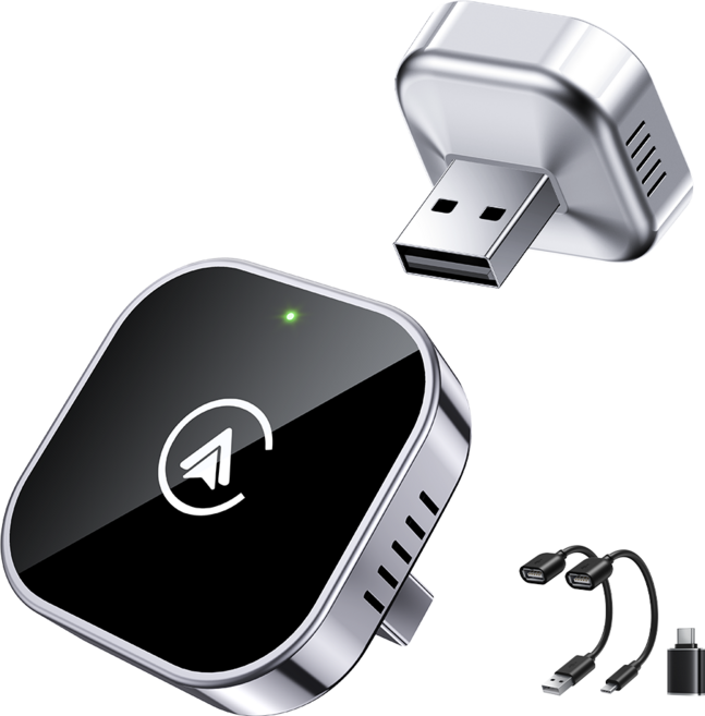 NICESUN 미니 무선 스마트 자동차 어댑터 애플 카플레이 안드로이드 오토 2 in 1 플러그 앤 플레이 T2, 블랙, 1개