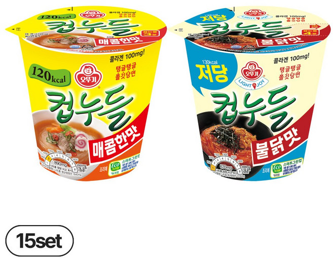 오뚜기 Light&Joy 저당컵누들 불닭맛 42g 15개+컵누들 매콤한맛 37.8g 15개(총 30개), 30개