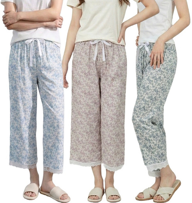 인견 장미 레이스 잠옷 바지 8부 여자 꽃무늬 프릴 파자마 여성 홈웨어 하의