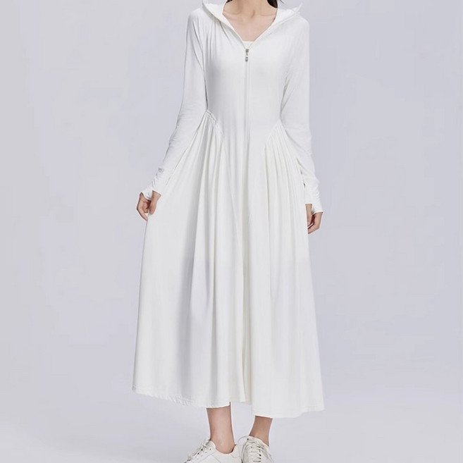 COSYEVNO 여자 래쉬가드 원피스 모자 전신 자외선차단 롱스커트, XL, 화이트