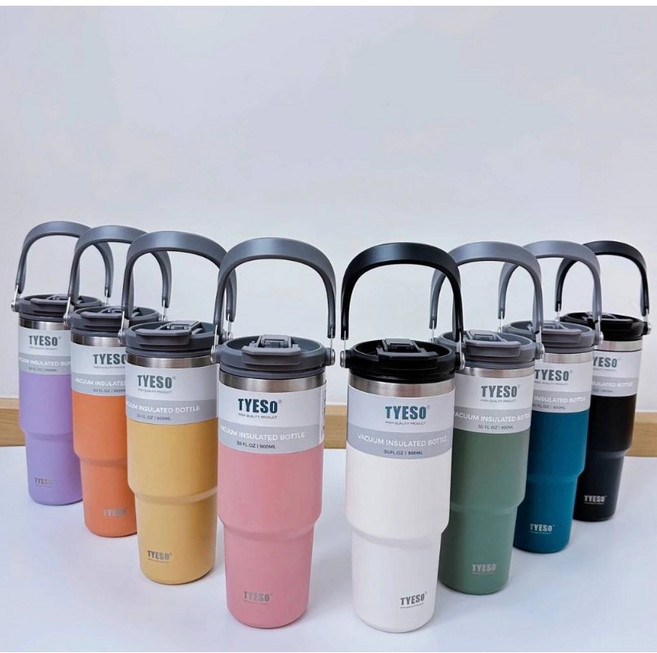 TYESO 진공 스텐 텀블러 보온보냉 대용량 손잡이 캠핑 차량용 (캐리핸들 600/750/900/1050/1200ml), 블랙, 1.05L, 1개