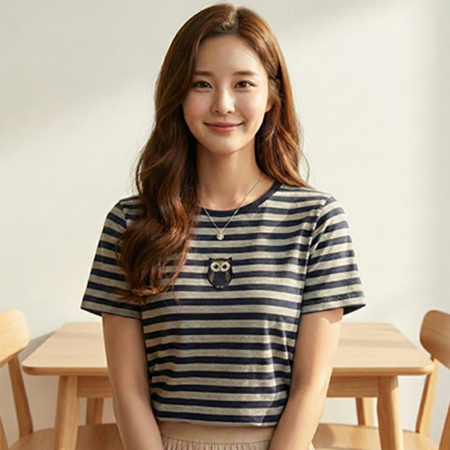 데일로엔 여성 스트라이프 라운드 넥 반팔 데일리 캐릭터 자수 티셔츠