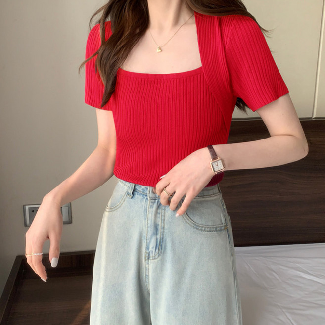 아로하스타일 여자 스퀘어넥 반팔 니트 8029 여성니트 데일리룩