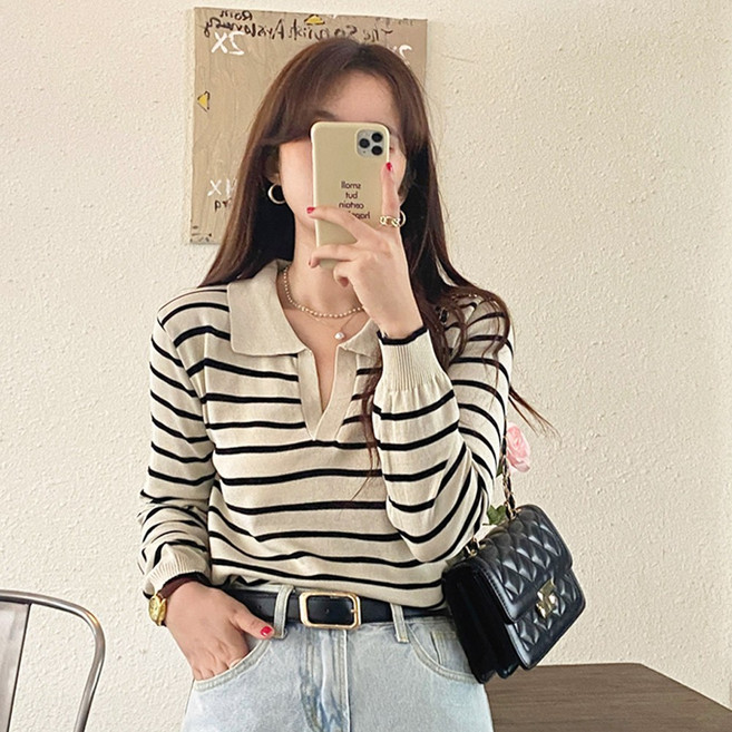 메이킹유 긴팔니트 스웨터 스트라이프 오픈카라넥 W1077에코버카라니트