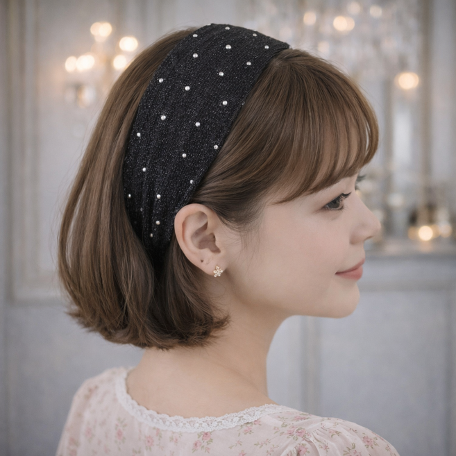 펄 반짝이 헤어밴드 와이드 넓은 빗살 빈모커버 엄마 머리띠