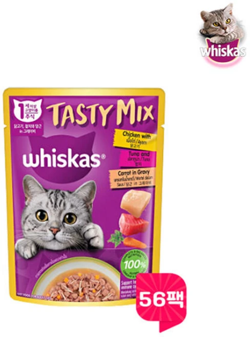 위스카스 테이스티믹스 닭고기&참치와 당근 in 그레이비 70g 56팩, 닭, 56개 - 쿠팡