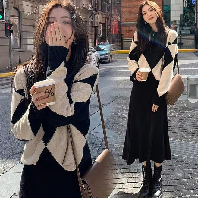 ASURE 여성 니트 롱스커트 투피스 원피스 스웨터 세트