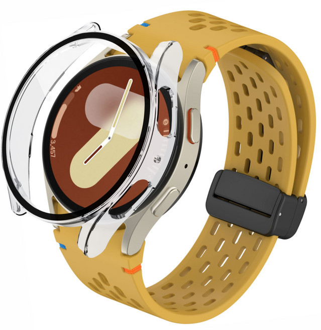 포근루프 갤럭시워치 호환 날개형 스포츠 실리콘 스트랩 타공 디버클 밴드 + PC 케이스, 옐로우 + 투명