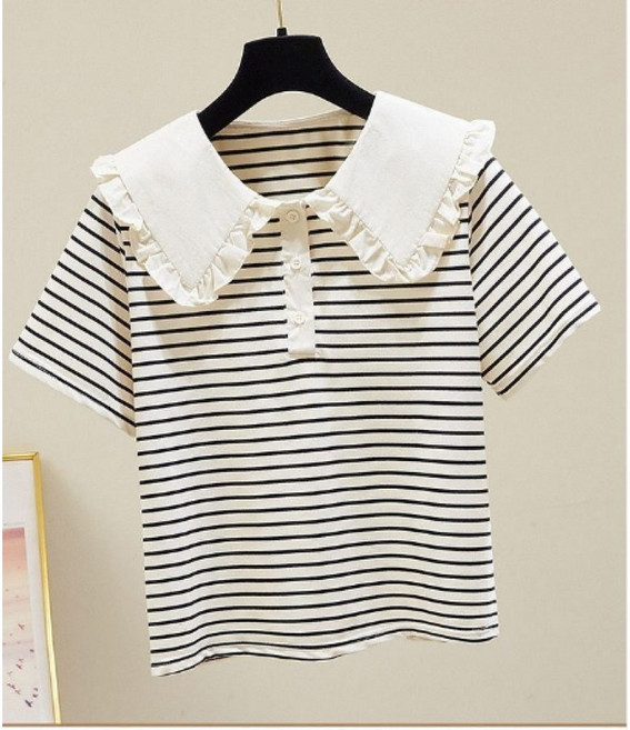 해피유통 14세 이상 어린이 스트라이프 배색 카라 반팔 티셔츠 귀여운 리본 디자인 XG08