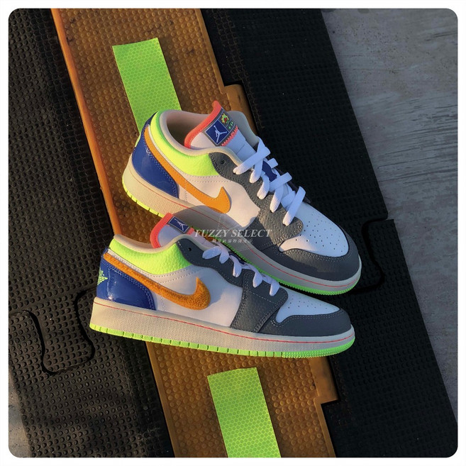 FUZZY Air Jordan 1 Low GS 運動鞋 彩色拼接 白灰黃藍綠 FB1835-181, 1個, 下單後請注意商品諮詢訊息