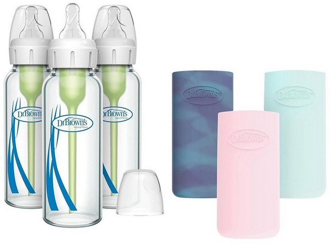 미국출고 평점4.5+ 235501 닥터 옵션스 플러스 내로우넥 유리 젖병 250ml & 슬리브 각 3개입, Glow/Pink/Mint, 8 oz