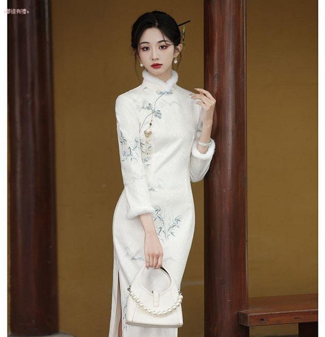 新中式改良旗袍 連衣裙女長袖冬季加絨長款氣質女裝秋冬款, 圖片色,3XL