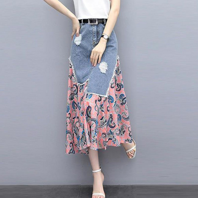 여성 데님 하프 스커트 롱스커트 쉬폰 청치마