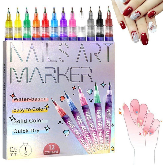 12 Color 3D Quick-Dry Nail Art Pens Set - Markers with Liner Brush DIY Graffiti Dotting & Painti