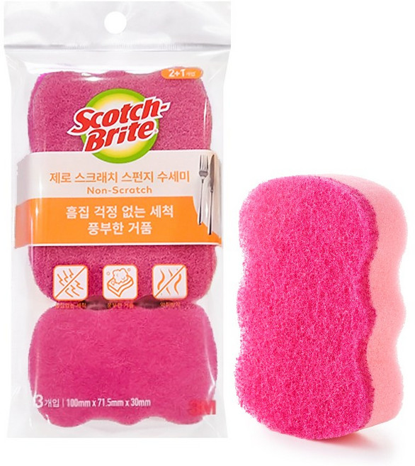 [3M]스카치브라이트 제로 스크래치 스폰지 수세미, 3개입, 1개