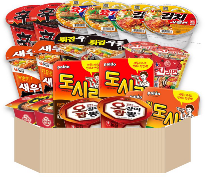 소컵라면 세트 모음 10종 (신라면2+육개장2+김치사발면2+새우탕2+튀김우동2+진라면매운2+열라면2+도시락2+팔도도시락김치컵라면 86g2+오징어짬뽕2), 20개