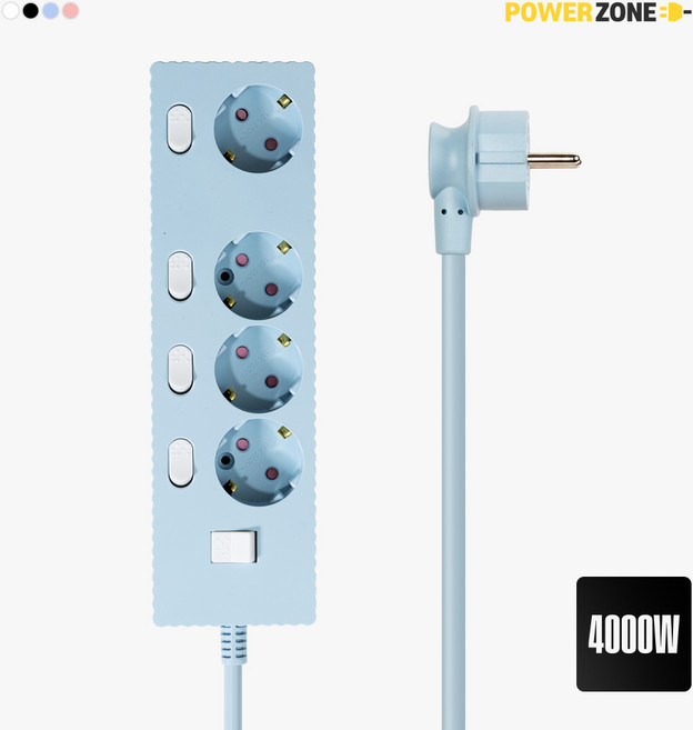파워존 4000W 고용량 웨이브 개별스위치 과부하차단 4구 멀티탭 콘센트 50cm 1.5m 3m 5m 7m, 개별스위치 4구1.5m 파스텔블루, 1개