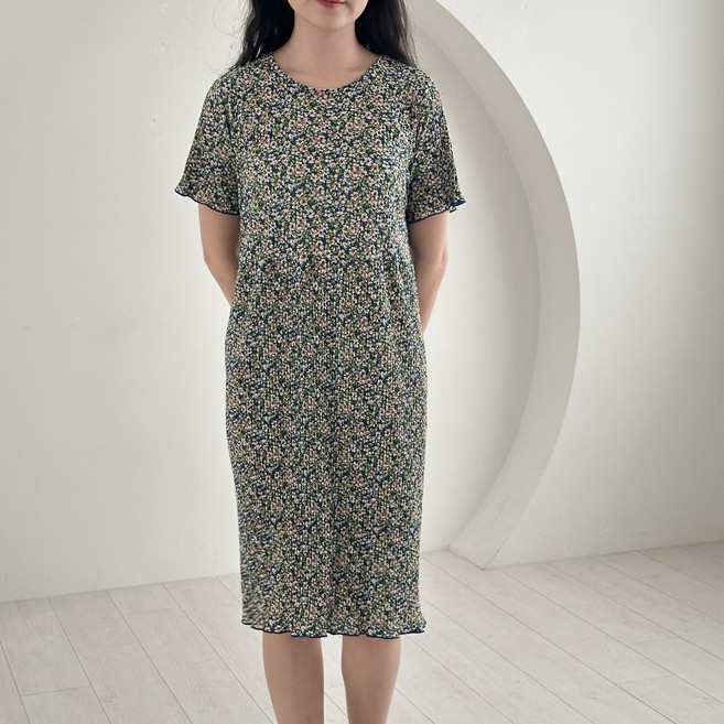 ECLL 할미 플리츠 여성 반팔 원피스 잠옷 촌캉스