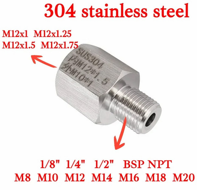 M12 암-수 M10 12 1/8 "1/4" 3/8 "BSP NPT 수 육각 감속기 부싱 304 스테인레스 어댑터 압력 게이지 용 고압, M12x1.5 Female, M12x1.75 Male, 1개
