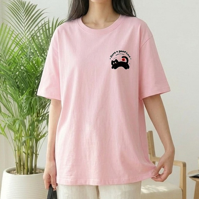 1장 (3장세트 장당7900) 스타일아유 순면100% 여성 오버핏 고양이 프린팅 반팔티 레터링 가성비 좋은 루즈핏 편안한 빅사이즈 면티 롱티셔츠 TS3957