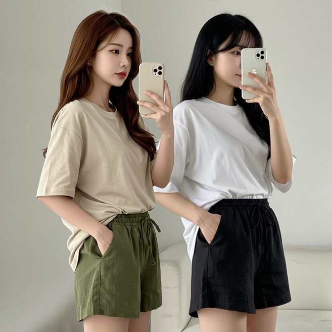 시크벤 1+1 여성 린넨 3부 반바지 데일리 밴딩 A라인 반바지 홈웨어