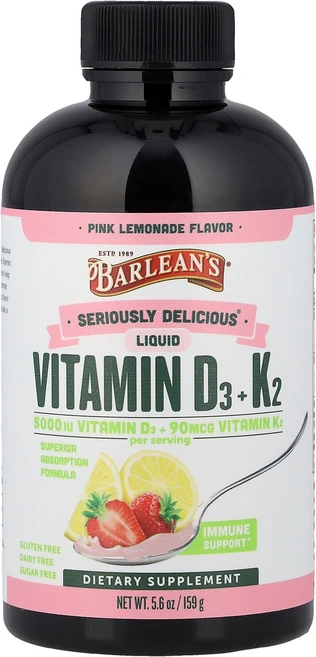 Barlean's Seriously Delicious® Liquid Vitamin D3 + K2 Pink Lemonade 5.6 oz 159 g, Barlean's, Seriously Delicious, 159g, 1개 - 쿠팡