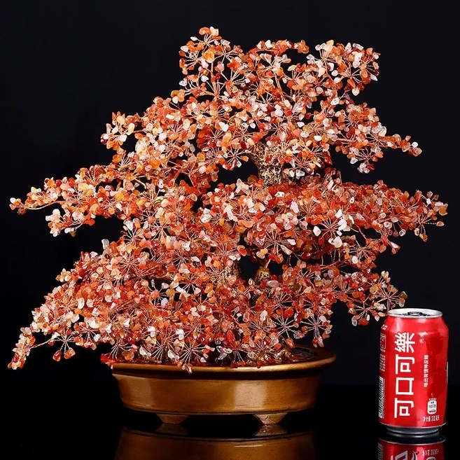 天然黃水晶發財樹 擺件, 咖啡底天然瑪瑙紅無字和樂生財