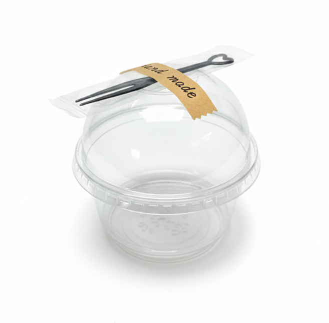 키친코디 컵과일용기 92파이 7oz + 돔뚜껑 + 개별포장 포크 + 스티커 일회용 투명컵 샐러드용기 세트, 1세트, 100개