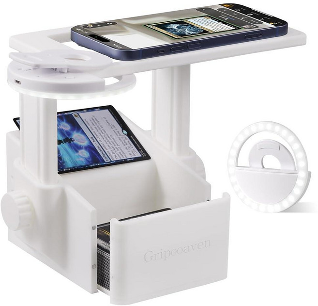 높이 조절이 가능한 트레이딩 카드 스캐너 스탠드 MTG/TCG 카드용 카드 스캐너 홀더 MagSafe 휴대폰과 호환되는 내장 마그네틱 링 충전식 클립온 조명 및 안정적인, 높이 조절이 가능한 트레이딩 카드 스캐너 스탠드, MT