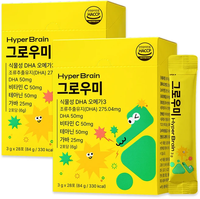 [공식몰] 하이퍼브레인 그로우미 팝핑 분말 키즈 오메가3 테아닌 가바 비타민, 2박스, 84g - 쿠팡