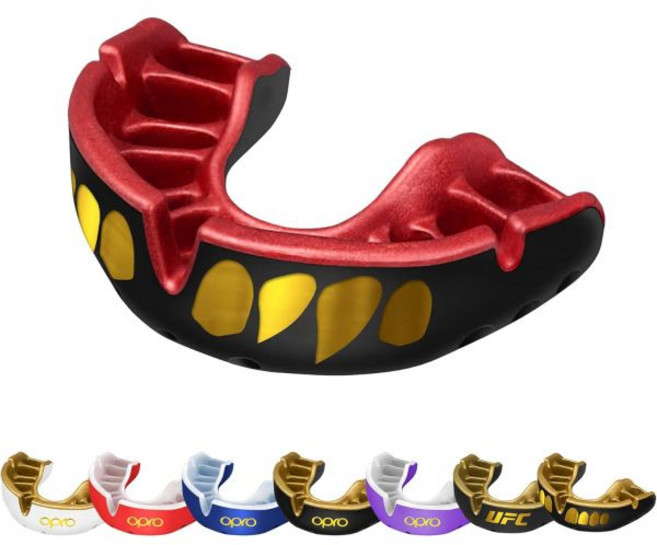 OPRO 골드 레벨 구강 보호대 맞춤형 프리미엄 편안한 착용감과 다중 층 보호 기능 복싱 MMA 럭비 아이스하키 축구용 구강장치 – 케이스 포함, Adult (Age 10+), Jawz - Black/Red, 1개