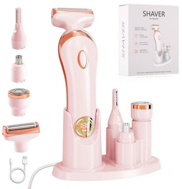 다리 체모용 전기 면도기 여성용 4 in 1 비키니 트리머 교체 가능한 여성용 페이셜 코 면도기 IPX6 방수 충전식 여성용 그루밍 키트, 다리 체모용 전기 면도기, 여성용 4 in 1 비키니