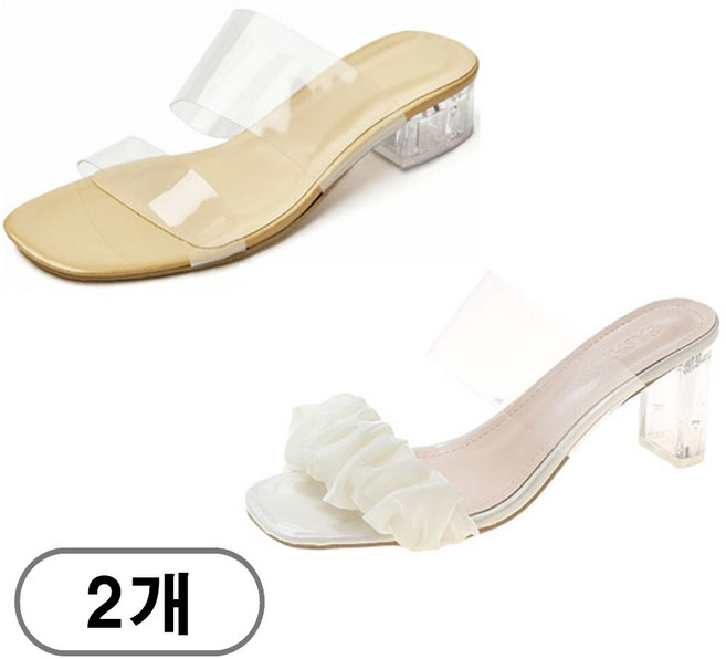 차쿠 1+1 크리스탈 통굽 PVC 투명 가보시 뮬 슬리퍼 프릴 투명 슬리퍼
