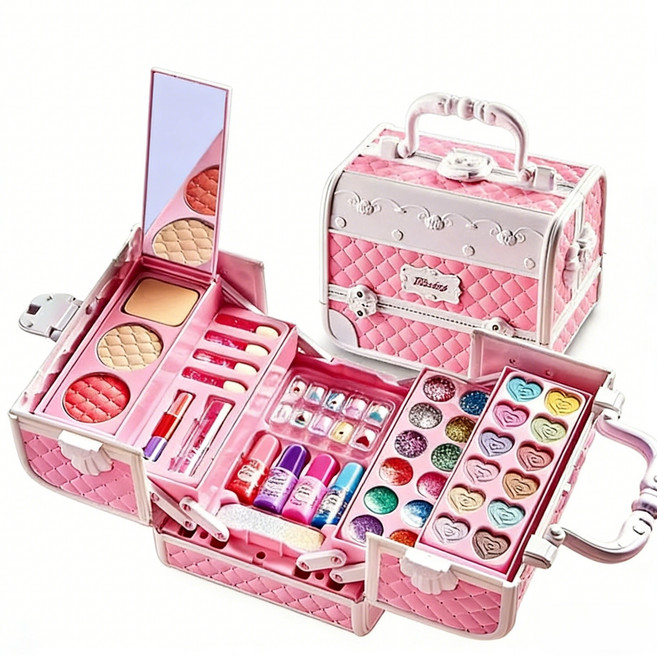 SUUNI 키즈 메이크업 캐리어 장난감 여아 휴대용 소꿉놀이 화장품 세트, 1세트, 핑크