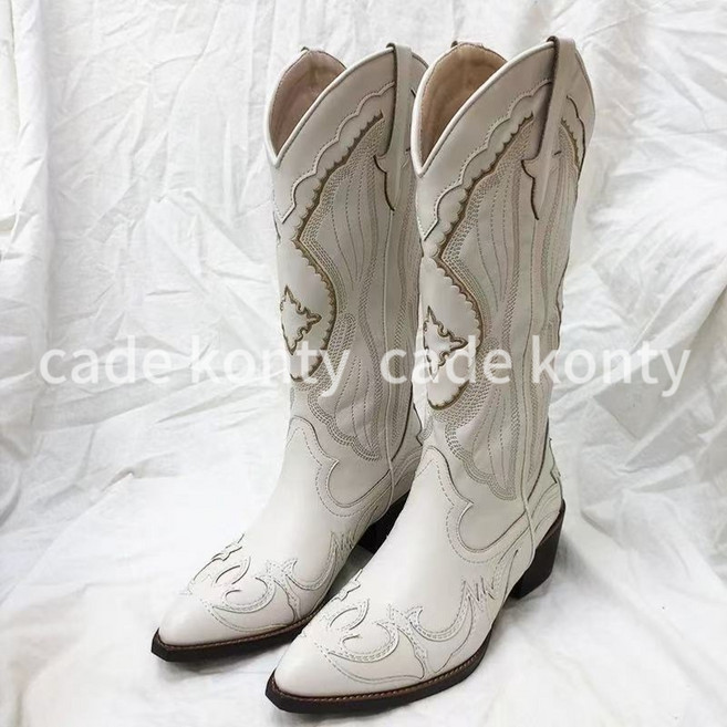 cade konty 여성 브이컷 통넓은 미들 자수 웨스턴 카우보이 부츠 5cm