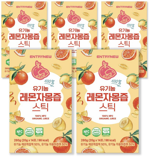 엔트리뉴 유기농 레몬 자몽즙 100% NFC 착즙 원액 레자몽 농축액 스틱, 5박스, 280g