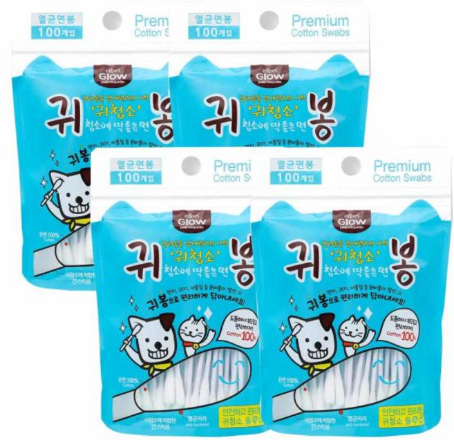 애완용품 에티펫 귀청소 귀봉(면봉) 100매x4, 1개