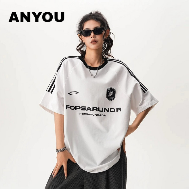 ANYOU 미국식 빈티지 테이프 반팔 티 여름 루즈핏 아카데미 스타일 트레이닝 커플 상의