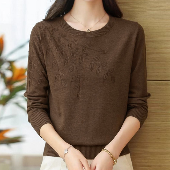 후암마켓 중년 여성 잎사귀 포인트 베이직 긴팔 라운드 비스코스 니트 티