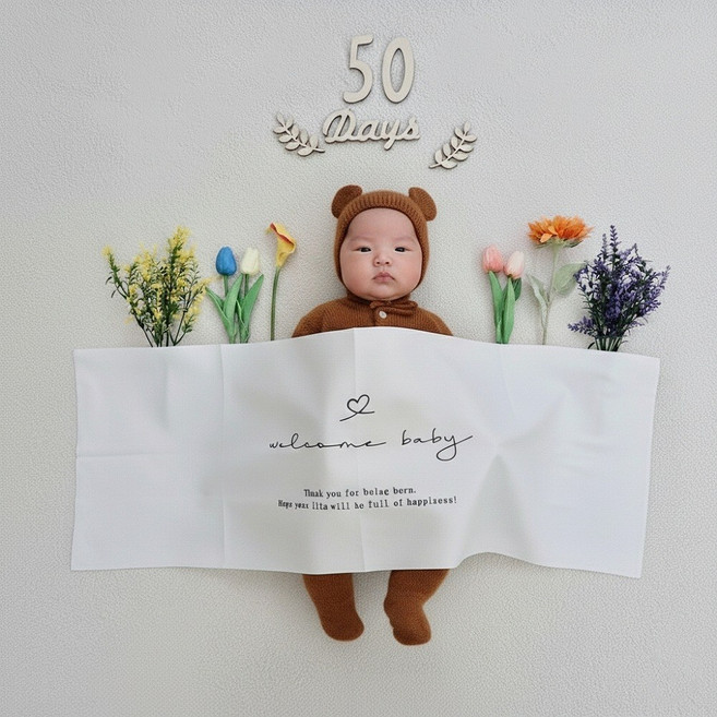 50일셀프촬영 플라워포토존 아기촬영소품 조화 꽃 50days 우드토퍼포함 풀세트, 1세트, 50일조화꽃+웰컴천