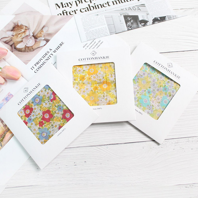 렌느 여성손수건 국산 3장 1세트 가제 면 미니 쁘띠스카프 목손수건 케이스포장 플라워 꽃무늬