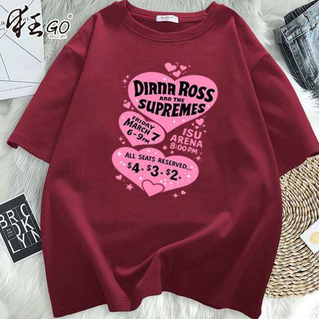 DIANA ROSS 純棉短袖T恤 印花上衣 簡約百搭, 酒紅色