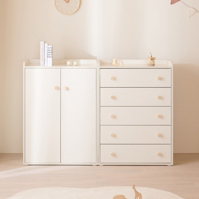 버니 E0등급 LPM 1600 키즈 수납옷장 서랍장 세트, 버니화이트