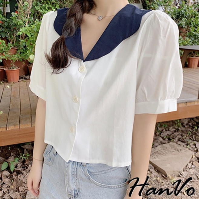 HanVo 波浪撞色娃娃領襯衫 - 韓系甜美減齡寬鬆上衣